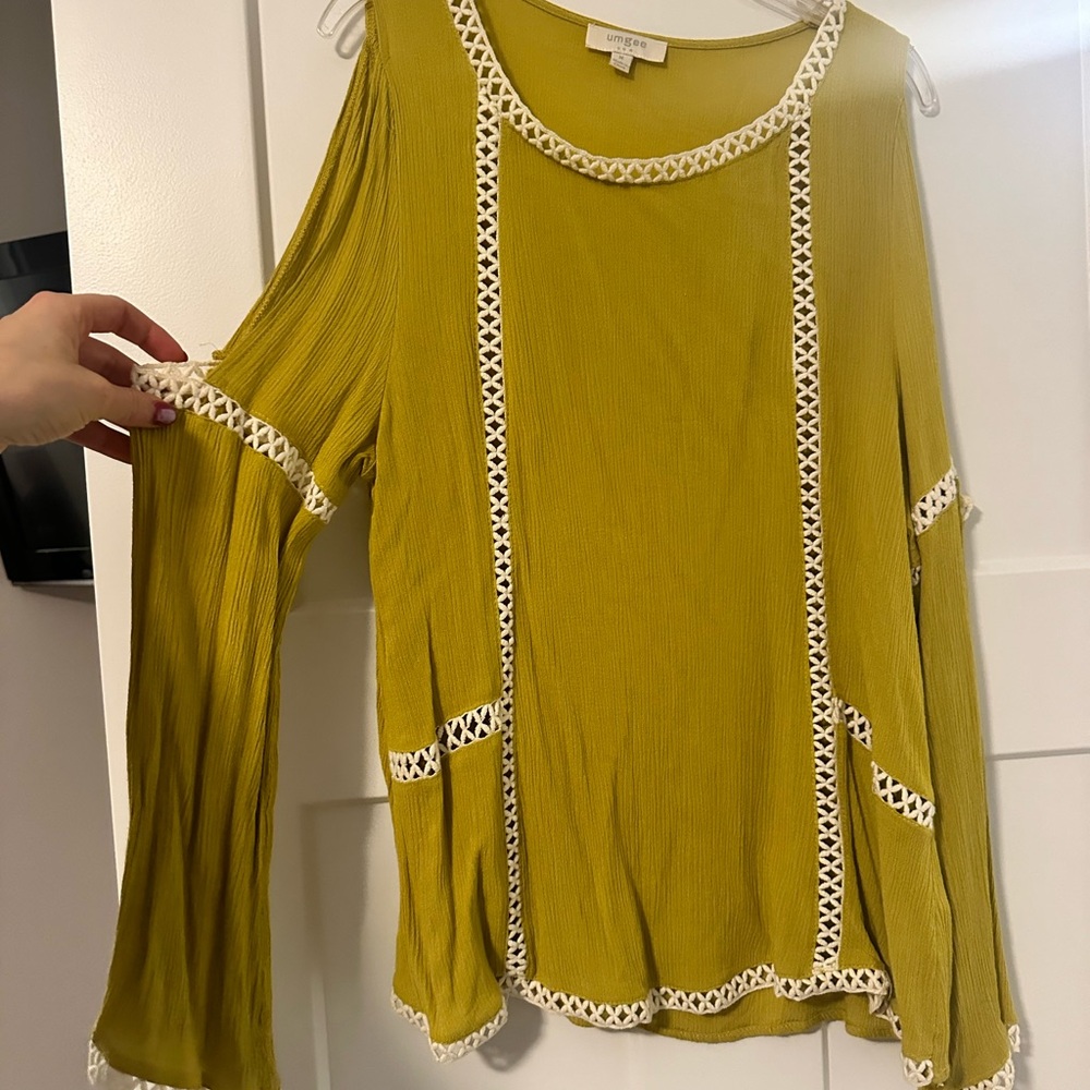 Umgee Yellow Bell Sleeve Asymmetrical Blouse